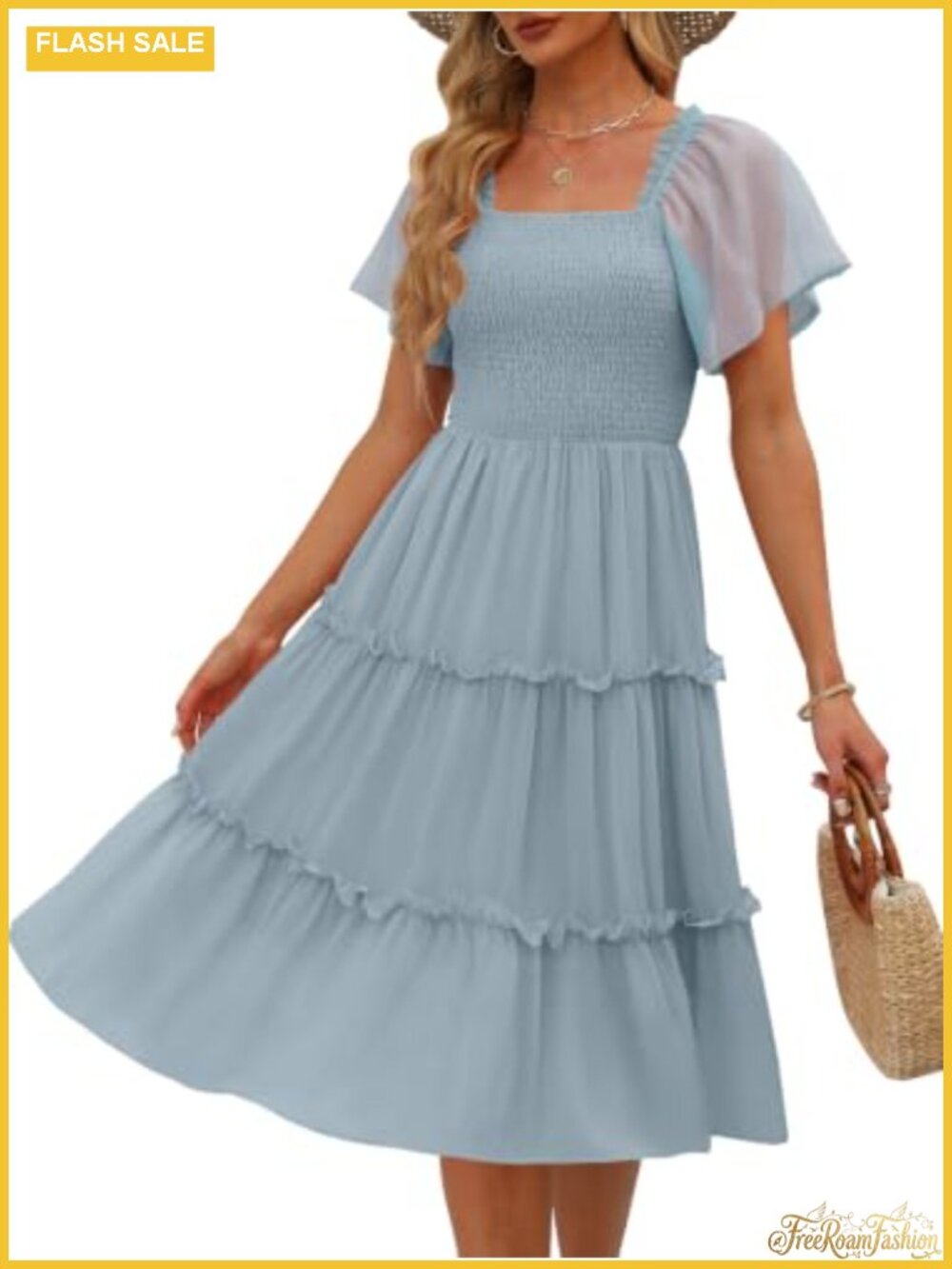 Tiered Flutter Sleeve Square Neck Smocked Midi Dress